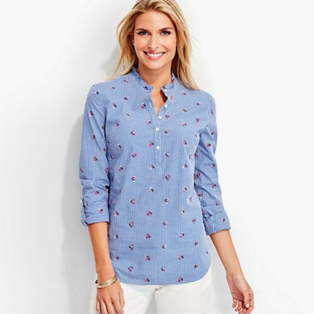 Talbots Blue White Gingham Floral Embroidered Popover Top 3X Petite Cottagecore